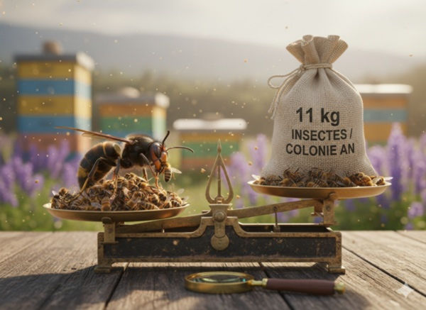 Illustration d'un frelon asiatique en train de manger un insecte. Pour illustrer le fait qu'un colonie consomme 11kg d'insectes, il est placé sur une balance à bascule avec de l'autre côté un sac dont on devine qu'il est empli d'abeilles mortes.